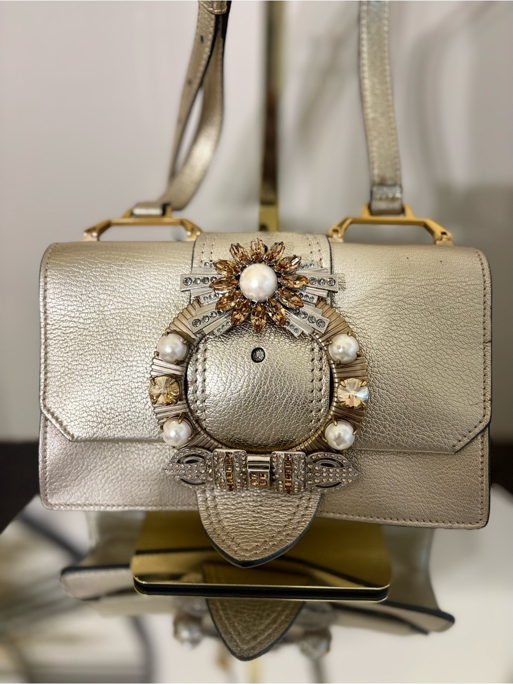 Miu Miu Gold Madras Crystal Embellished Crossbody Bag - Picture 2 of 13